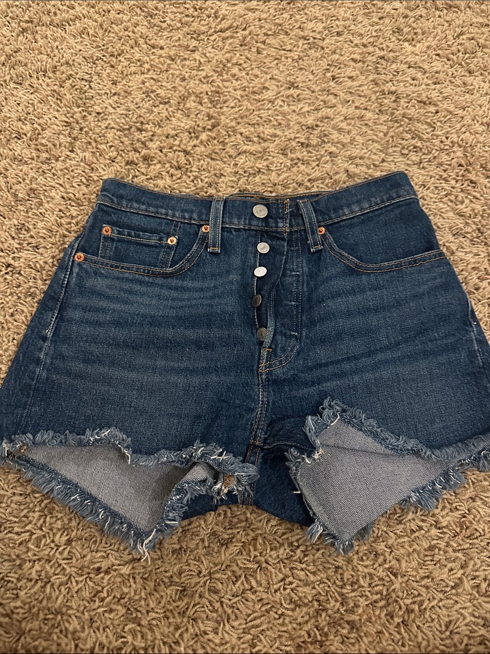 Levi's Dark Blue Button-Fly Frayed Denim Shorts